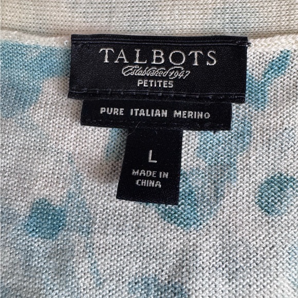 Talbots Teal Blue Feminine Floral 100% Merino Wool Size L Thin Cardigan Sweater - Picture 8 of 10
